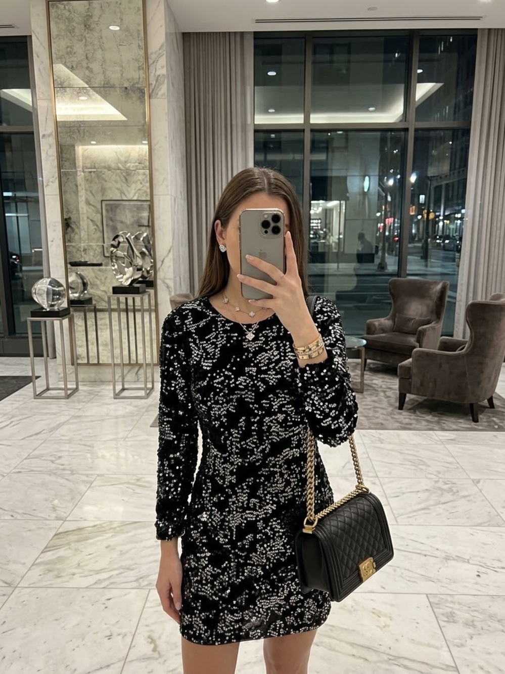 H&M Black Sequin Long-Sleeve Mini Dress